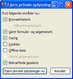 Slet private data Menu til at slette data