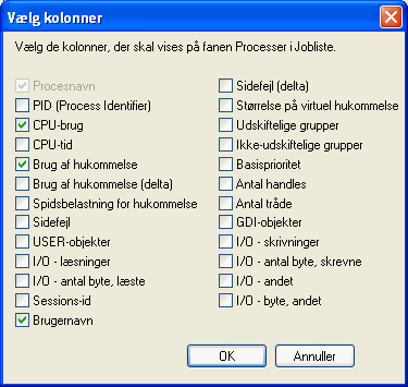 Vælg kolonner Menu til at åbne for kolonne-valg