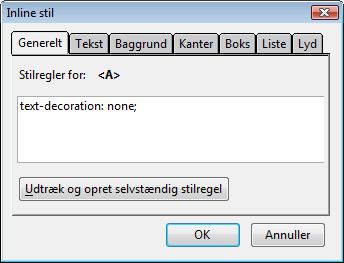 Dialogboks til angivelse af inline stile Dialogboks til angivelse af inline stile
