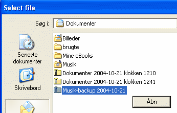 Vindue til at vælge sikkerhedskopi