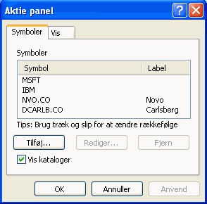 Aktiemodulets indstillinger