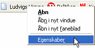 Menu til at åbne et bogmærkes egenskaber