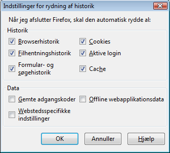 Indstillinger for rydning af historik