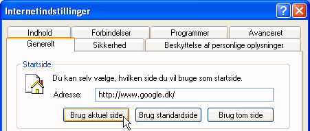Vindue til at skifte startside