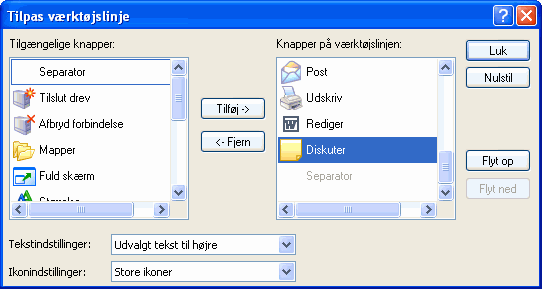 Dialogboksen til at tilpasse værktøjslinje