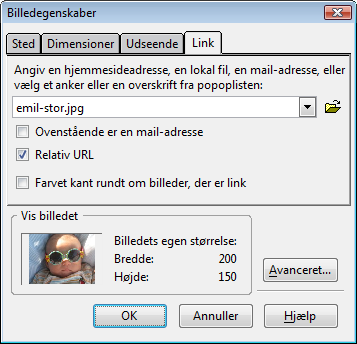 Egenskabsvindue til at angive et link