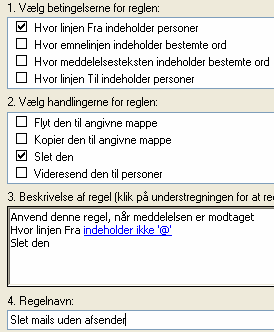 Regel til at slette spam uden afsender