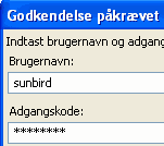 Vindue med brugernavn og adgangskode